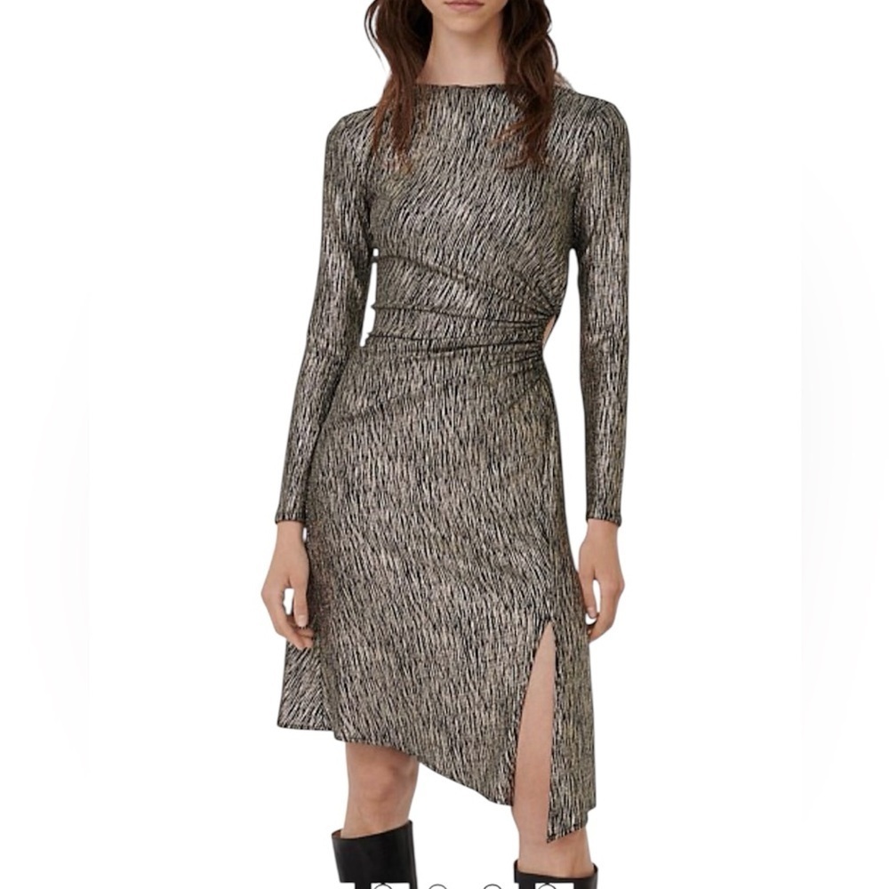 Maje Rilex Metallic Long Sleeve Gathered Side Cutout Dress Size Medium (38)
